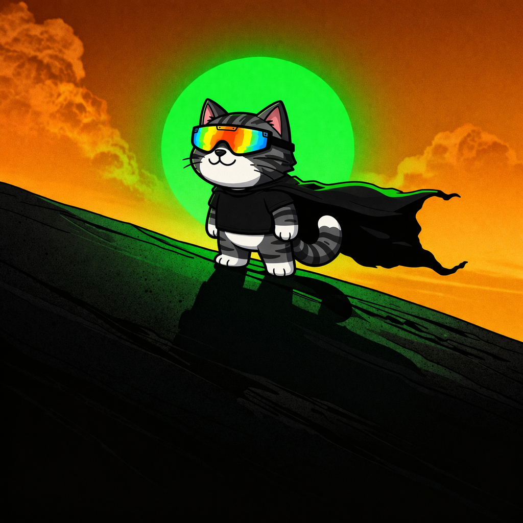 DINO the dinosaur wearing a cape against an epic sunset