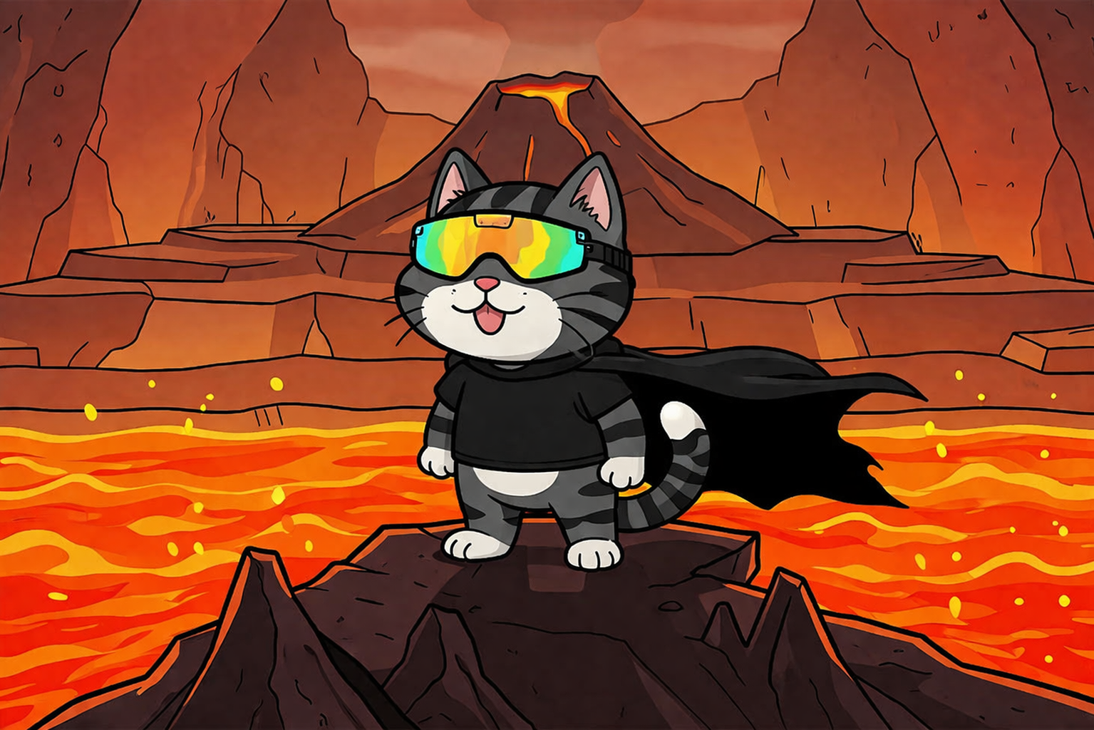 DINO the dinosaur standing before an erupting volcano