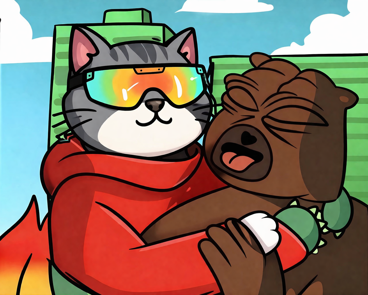 DINO the dinosaur hugging a friend warmly